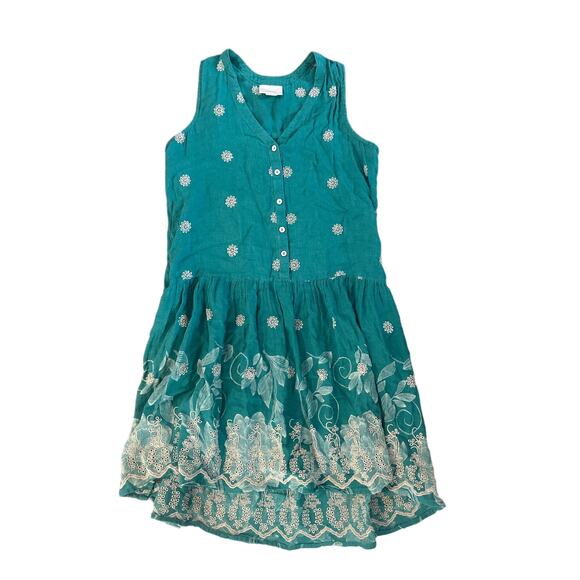 Women XS Anthropologie Maeve Pippa Green Eyelet Button Floral Swing Mini Dress - Picture 1 of 6
